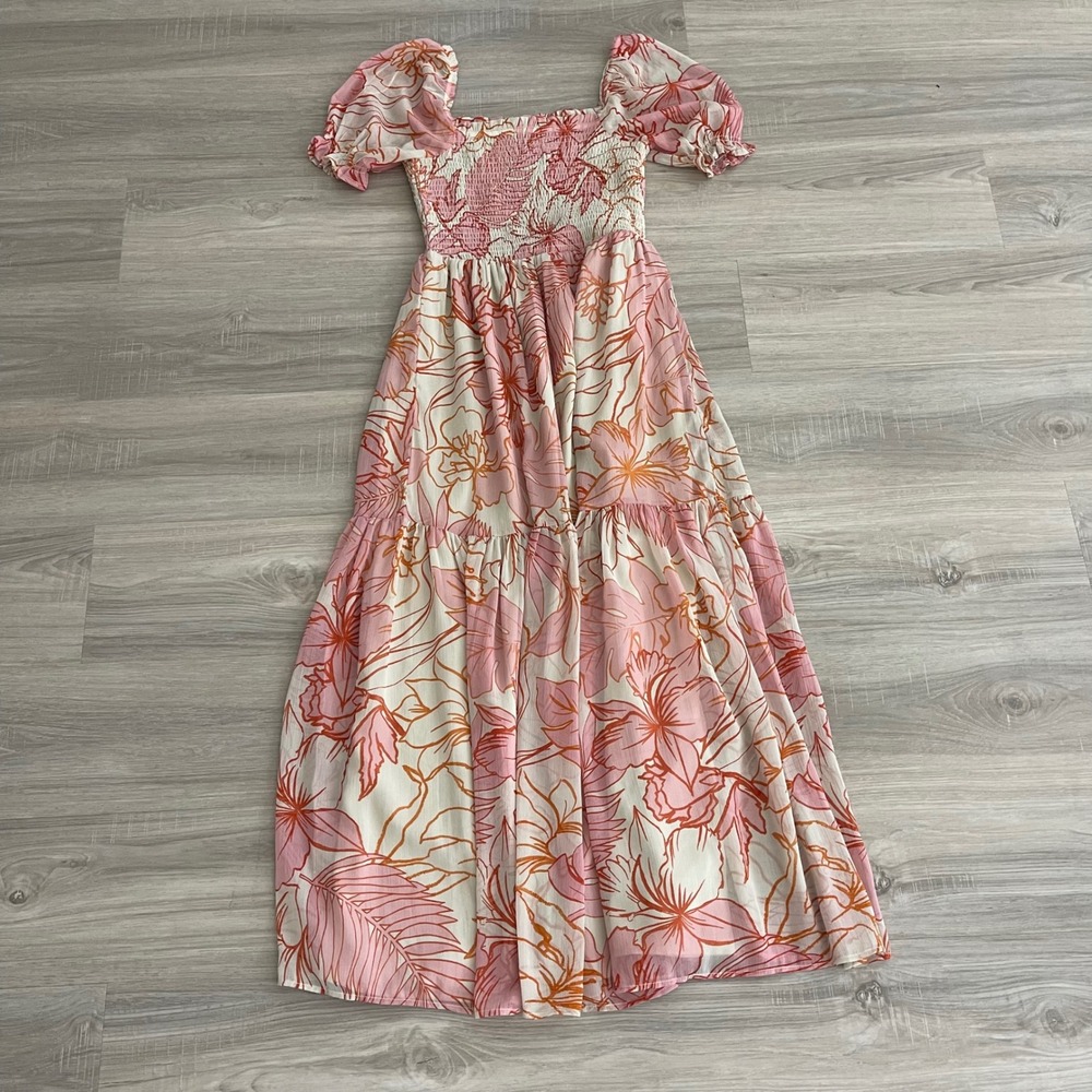 Patrons Of Peace Women's Dress Maxi Floral Leaf Chiffon Flowy Smock S Beige/Pink